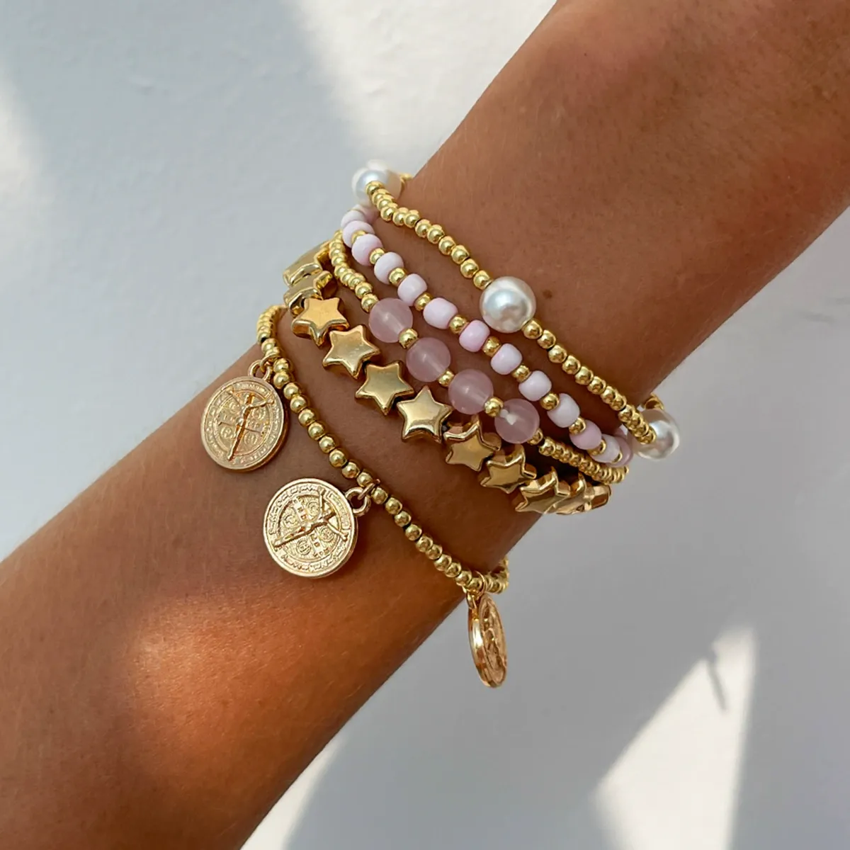 Bohemian ins five-pointed star beaded elastic bracelet fashionable metal bracelet