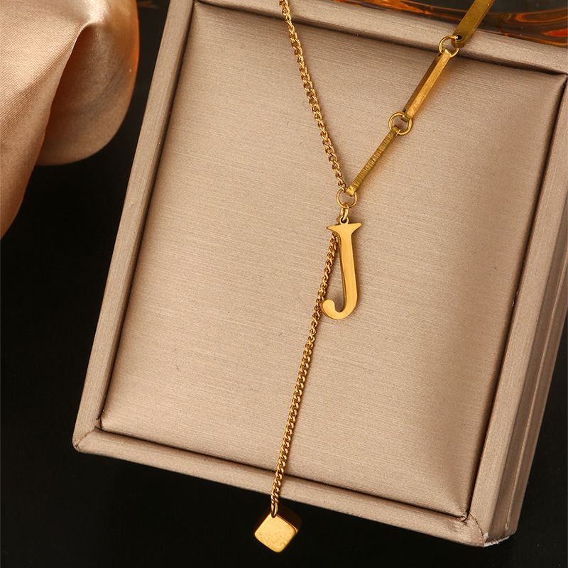 Fashion Waterproof Non Tarnish Stainless Steel Jewelry Small Square J Letter Pendant Necklace Link Chain Necklaces （ Delivery in 3 days ）