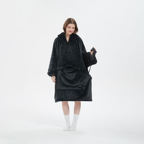 Classic Dark Grey Color Cozy Oversized Fluffy Sherpa Winter Warm Wearable Heated Electric Hoodie Blanket for Adults