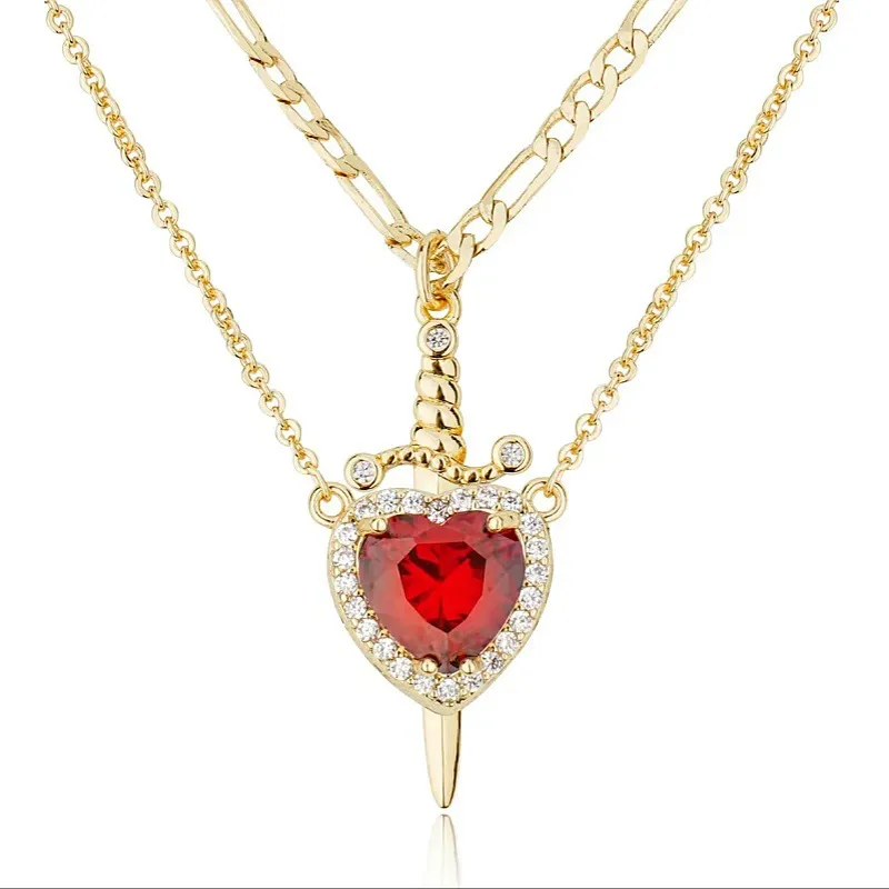 Hot selling love diamond sword-shaped necklace double layer crystal pendant necklace, couple style