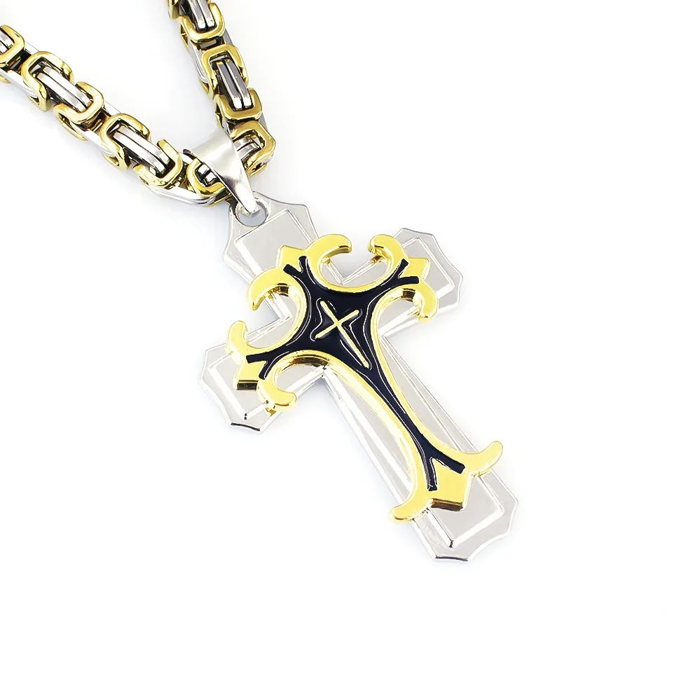European and American double-layer corrosion oiled cross pendant necklace stainless steel titanium steel men's jewelry