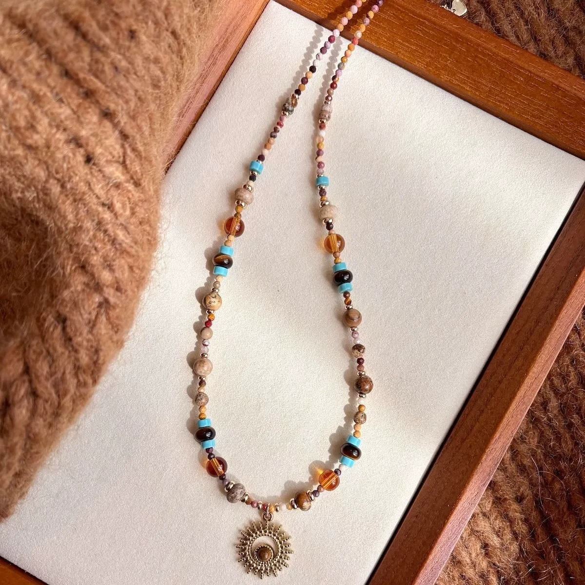 Titanium Steel Natural Stone Beaded Sunflower Necklace