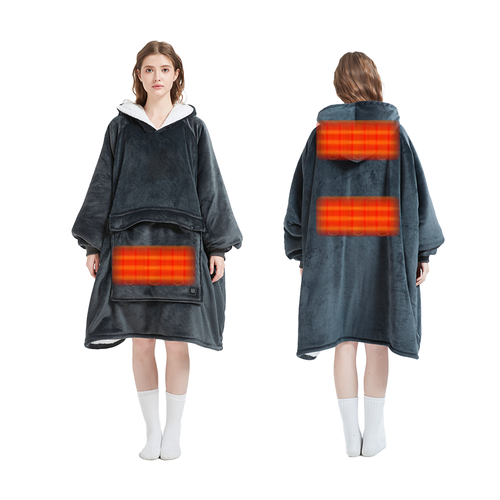 Classic Dark Grey Color Cozy Oversized Fluffy Sherpa Winter Warm Wearable Heated Electric Hoodie Blanket for Adults