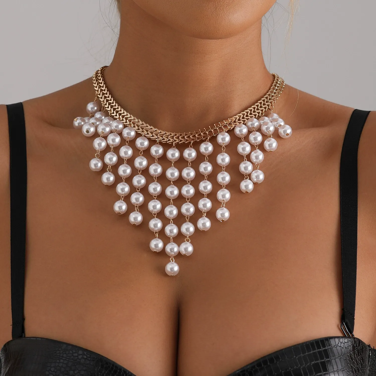 Multi-layer long pearl tassel necklace trendy personality clavicle chain