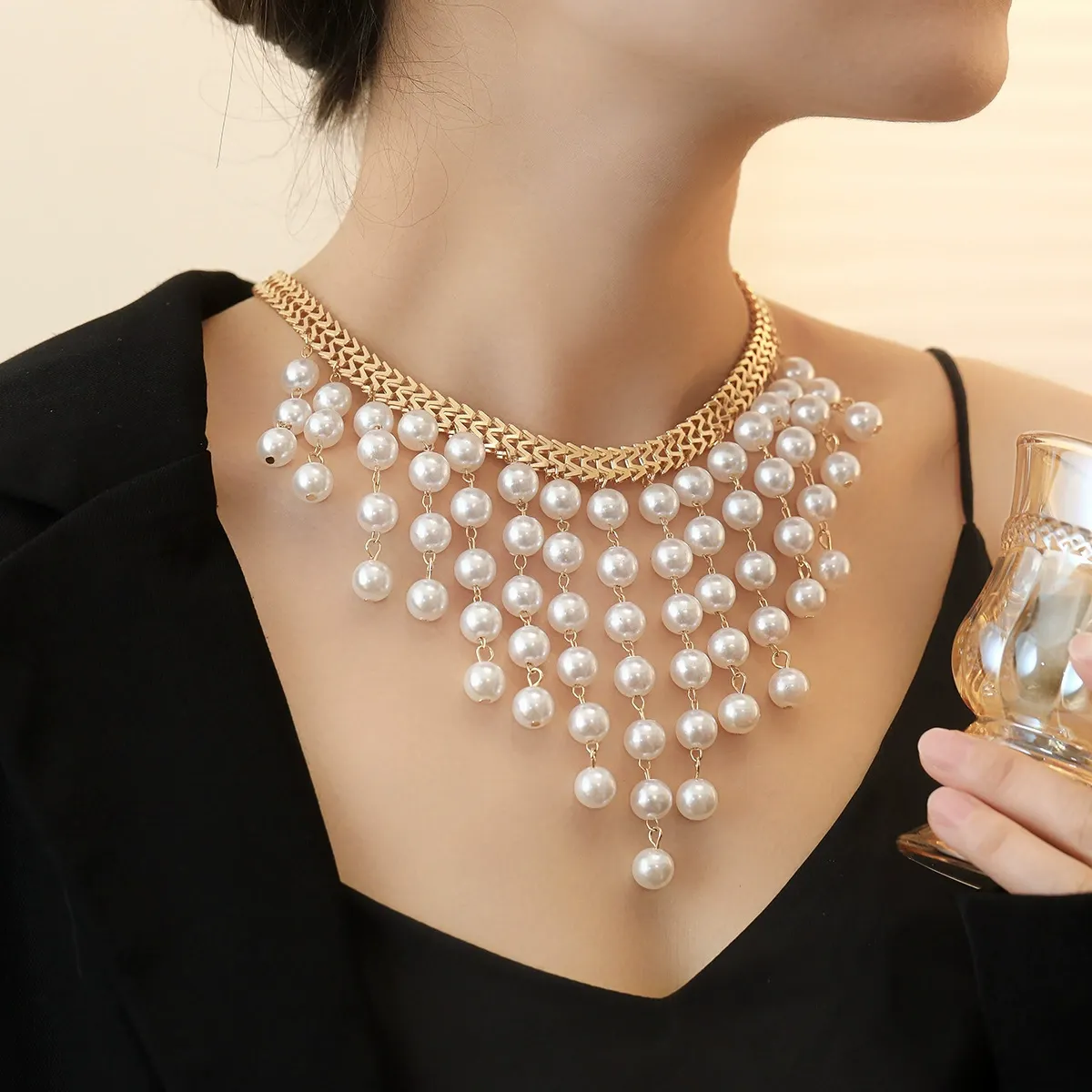 Multi-layer long pearl tassel necklace trendy personality clavicle chain