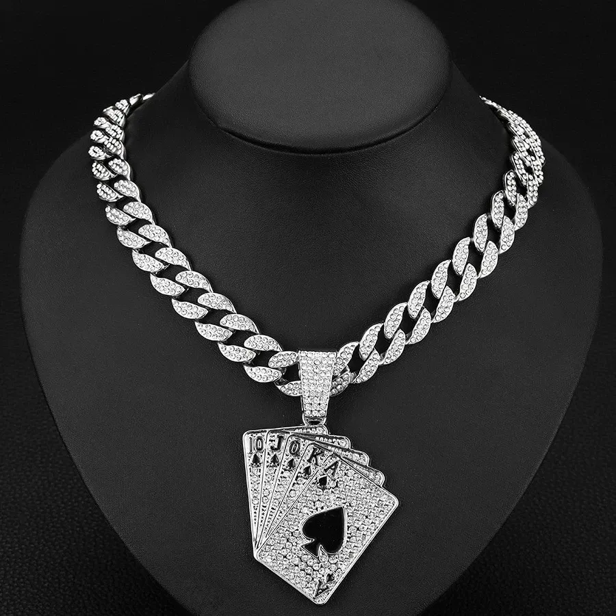 Hot selling fashionable and personalized playing card pendant necklace, men's full diamond hip-hop Cuban necklace