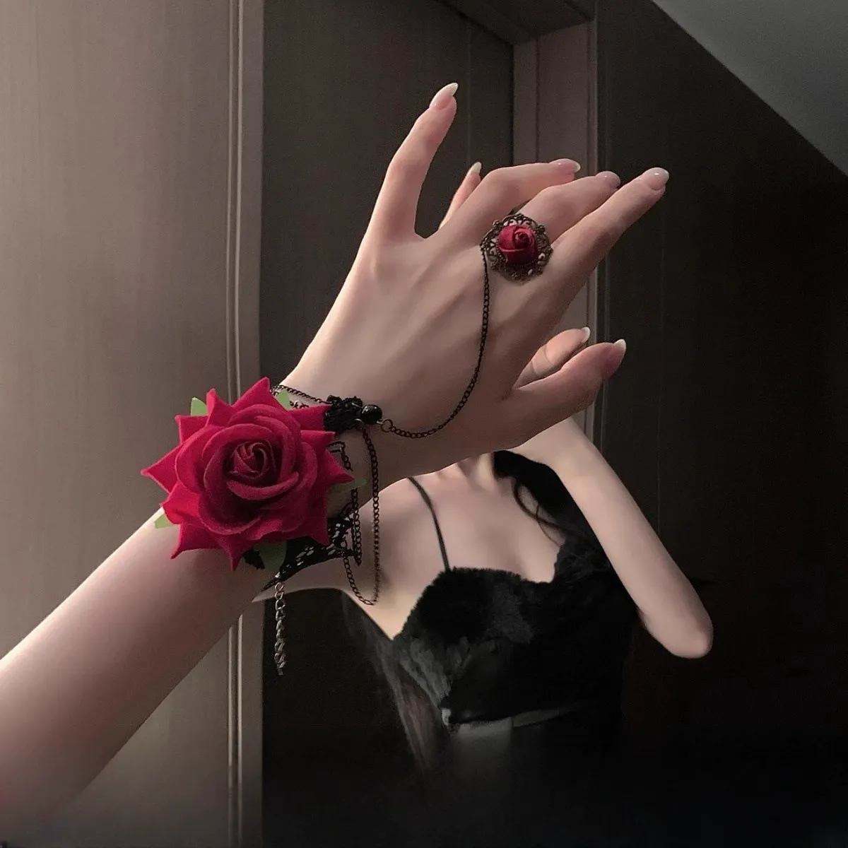 Vintage lace rose ring bracelet punk gothic red lolita Christmas Halloween accessories