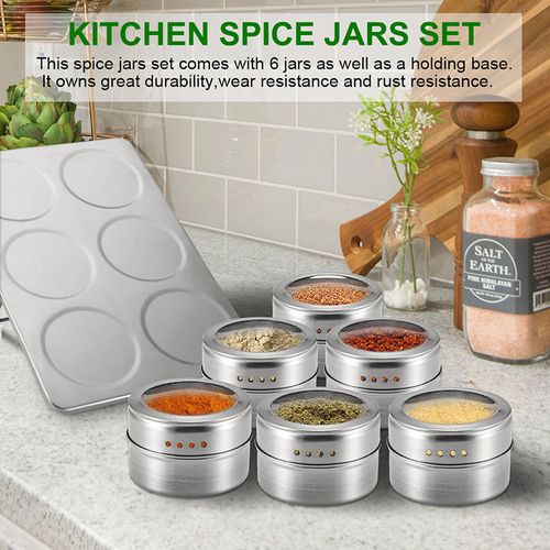 6pcs Magnetic Spice Jars Portable Stainless Steel Spice Jars Seasoning Can Storage Containers Set