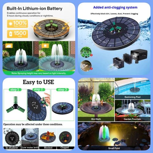 Solar Water Fountain Large Size Waterproof Color LED Lights Built-in Battery Rechargeable Outdoor Pump Bird Bath Pond