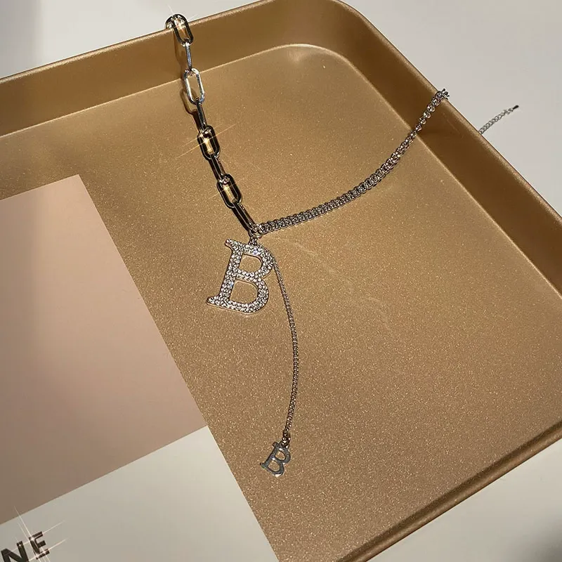Popular titanium steel full diamond necklace, personalized letter B women's sweater chain
