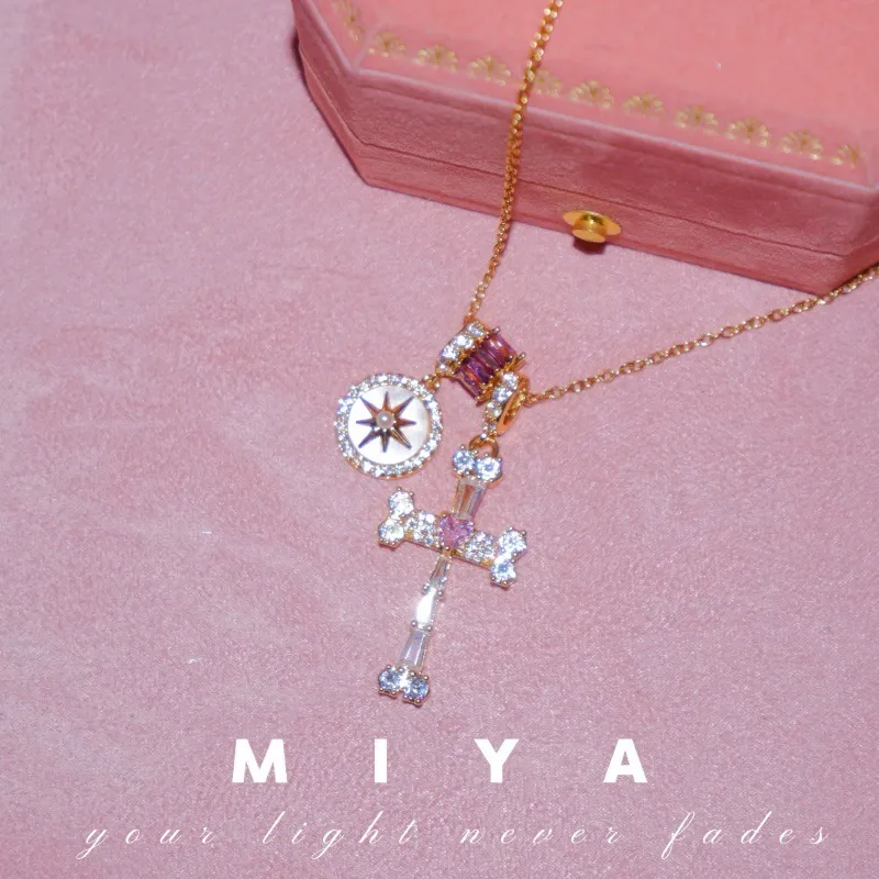 Fearless Heart Sweet and Cool Octagonal Clavicle Chain, Exquisite Purple and Pink Cross Necklace