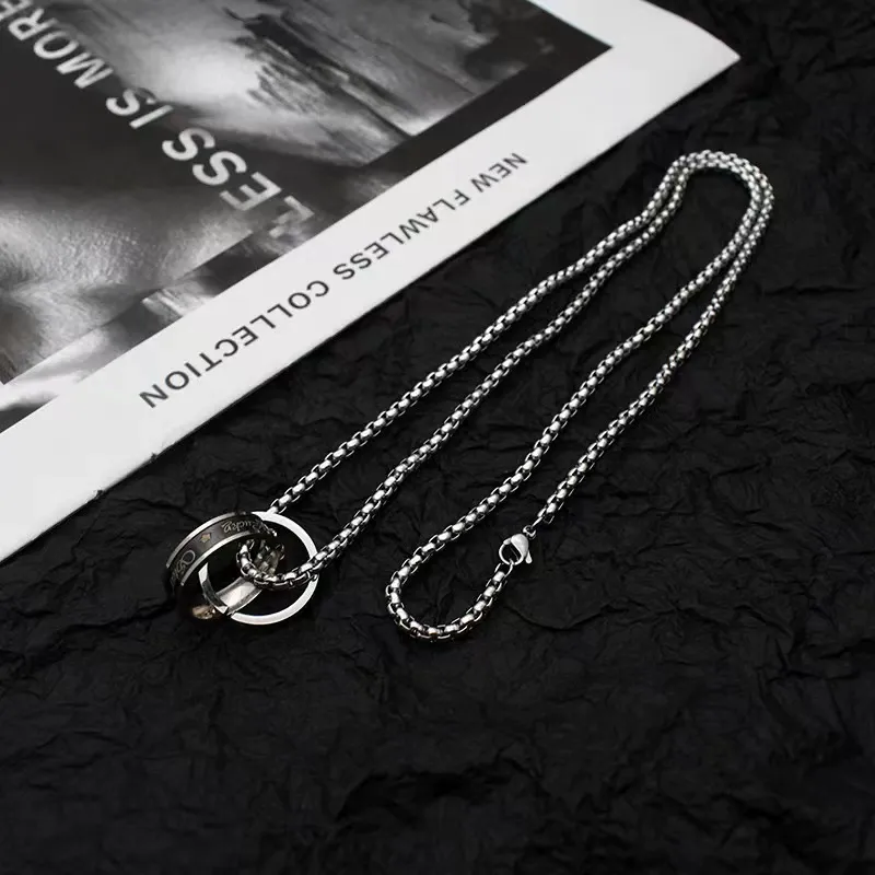 Men's Hip-Hop Titanium Steel Non-Fading Double Ring Pendant Necklace