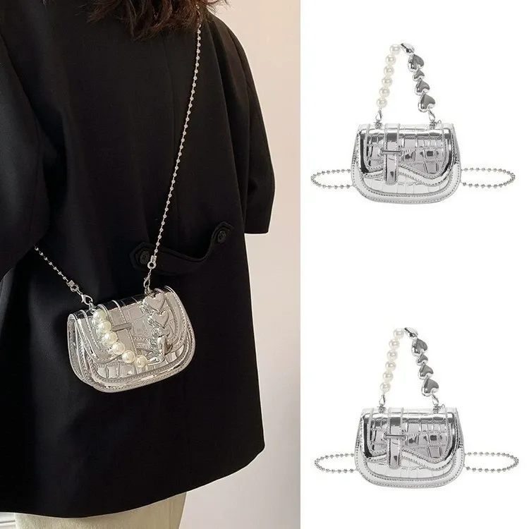 Pearl chain small bag women 2025 new fashion mini bag silver crossbody bag