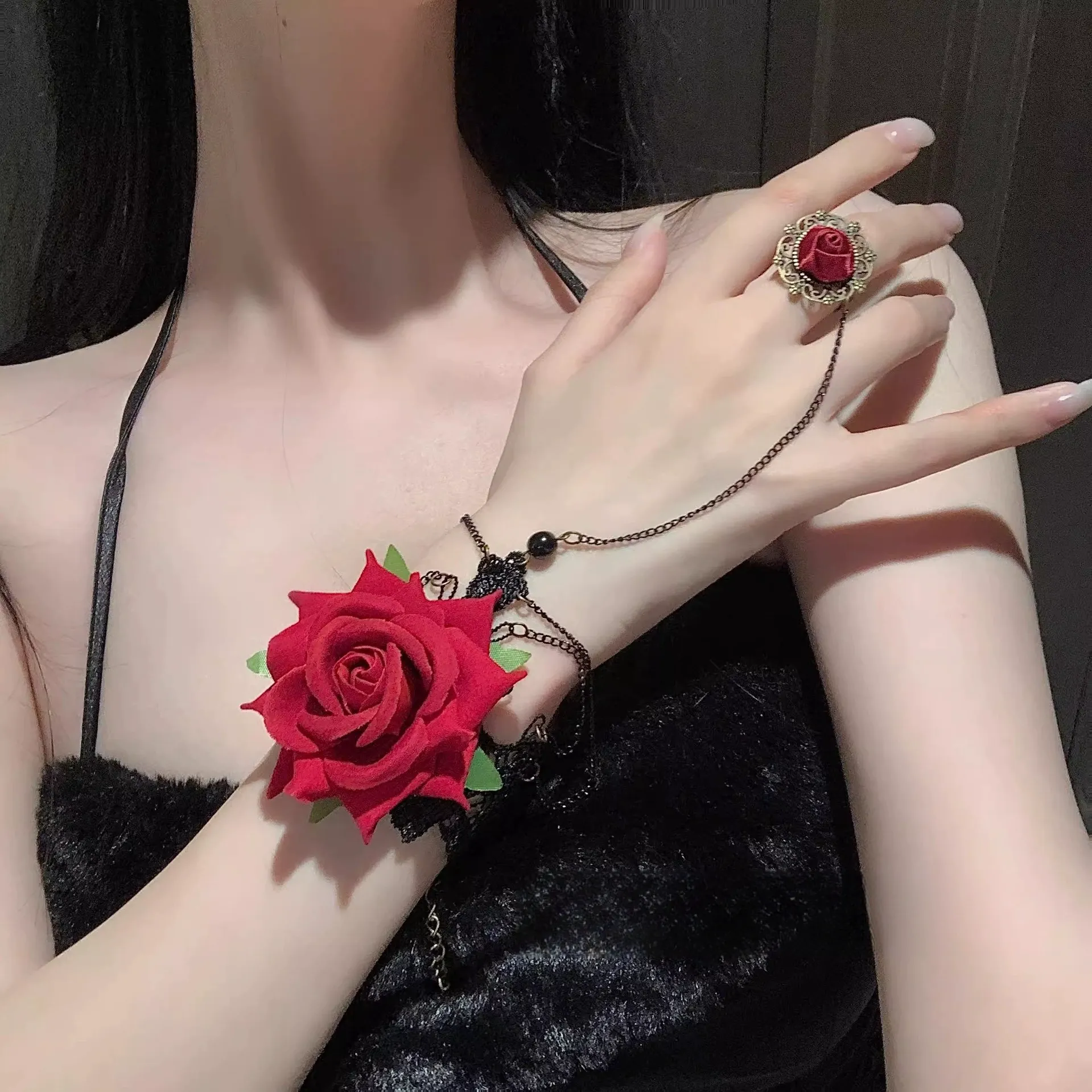 Vintage lace rose ring bracelet punk gothic red lolita Christmas Halloween accessories