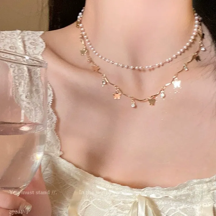 Light luxury double layer butterfly pearl necklace elegant clavicle necklace for women