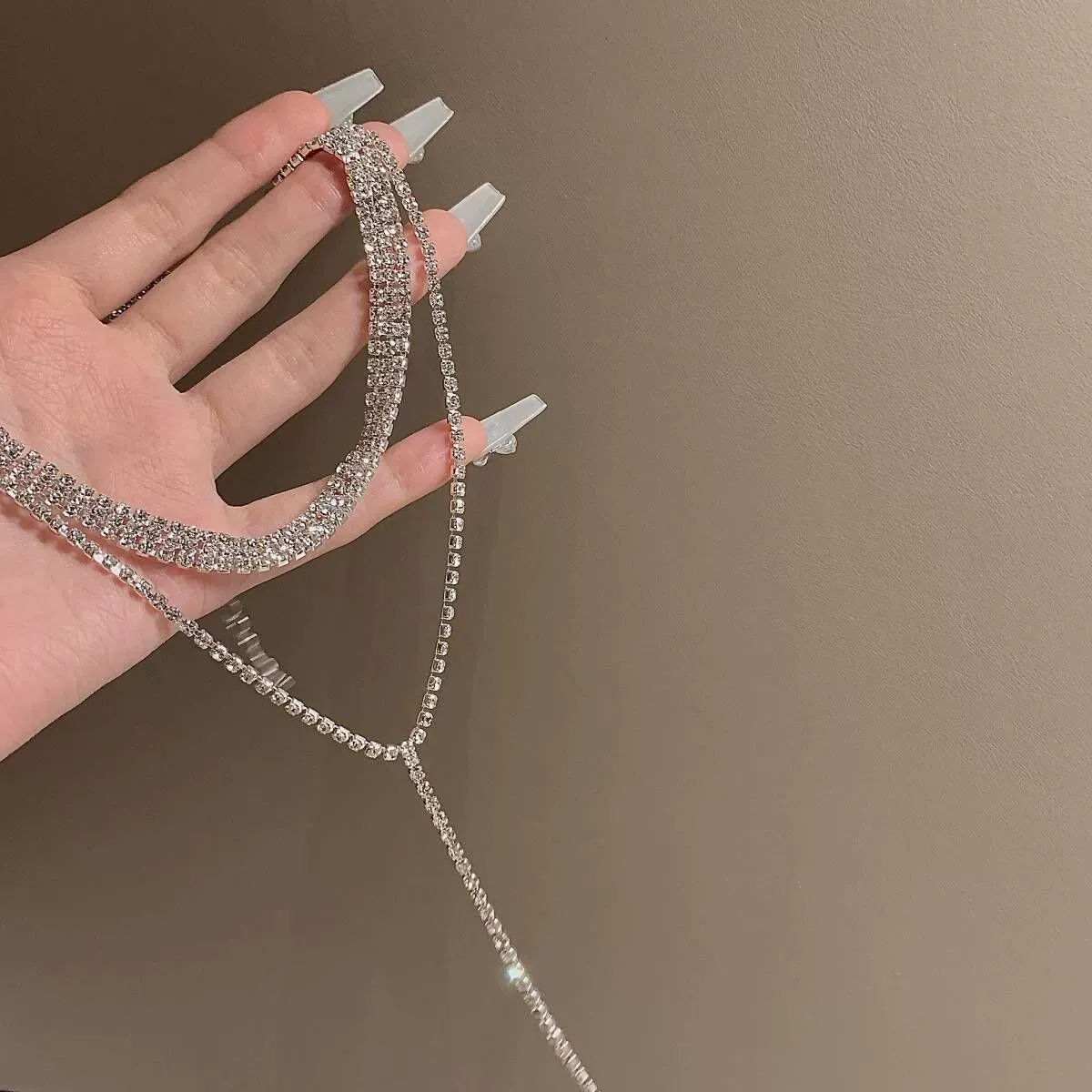 Rhinestone multi-layered necklace clavicle chain, tassel necklace jewelry