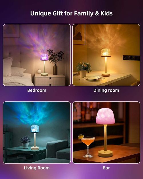 Aurora Projection Rotating Bedside Table Lamp 16 RGB LED Colors Water Ripple Effect Remote Control Cordless Battery Operated