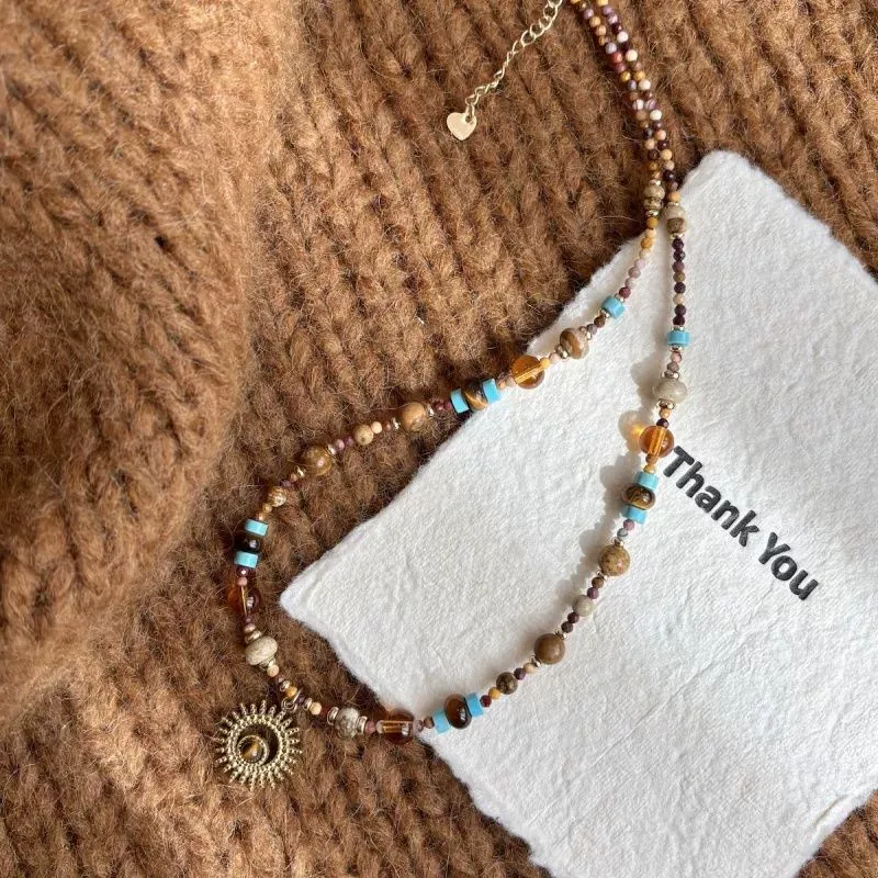 Titanium Steel Natural Stone Beaded Sunflower Necklace