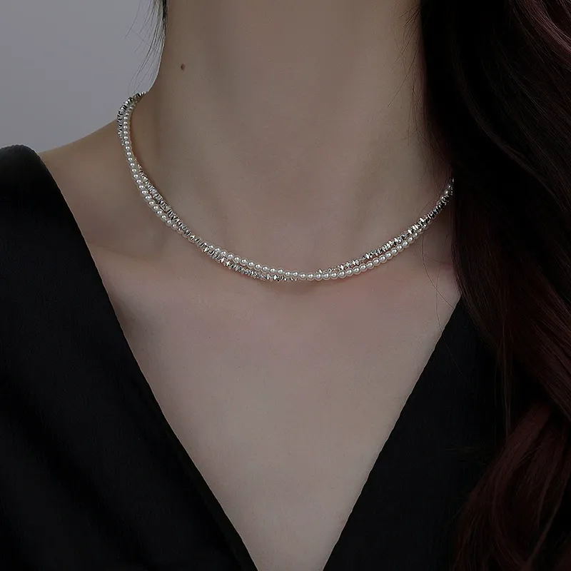 Pearl geometric silver necklace, non-fading fashion clavicle necklace