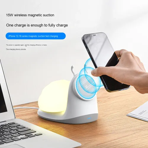 Creative New 15W Multifunctional Wireless Charging Stand Snail Pat Lamp Magnetic Fast Charging Station for Phone PC Earphone Use