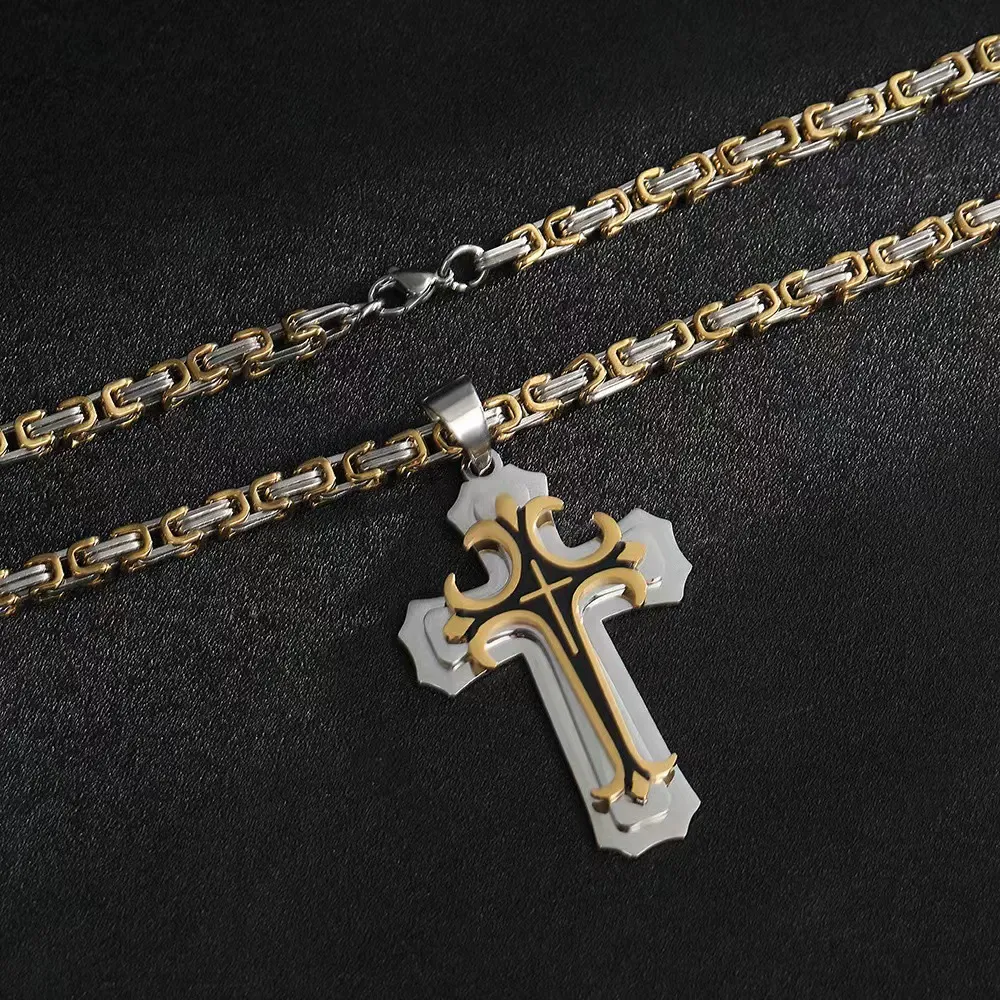 European and American double-layer corrosion oiled cross pendant necklace stainless steel titanium steel men's jewelry