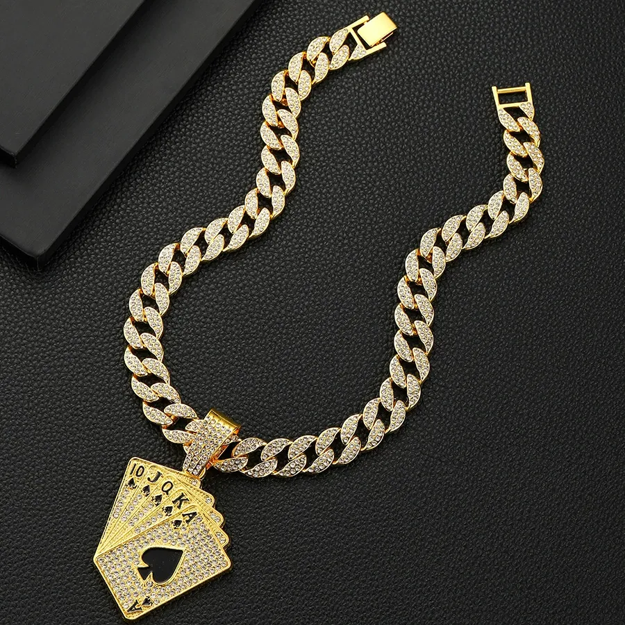 Hot selling fashionable and personalized playing card pendant necklace, men's full diamond hip-hop Cuban necklace