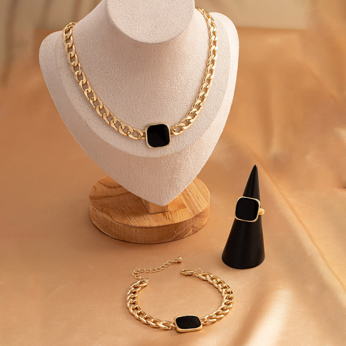 Temu hot-selling simple personality jewelry European and American exaggerated geometric square chain necklace bracelet ring 3-piece set