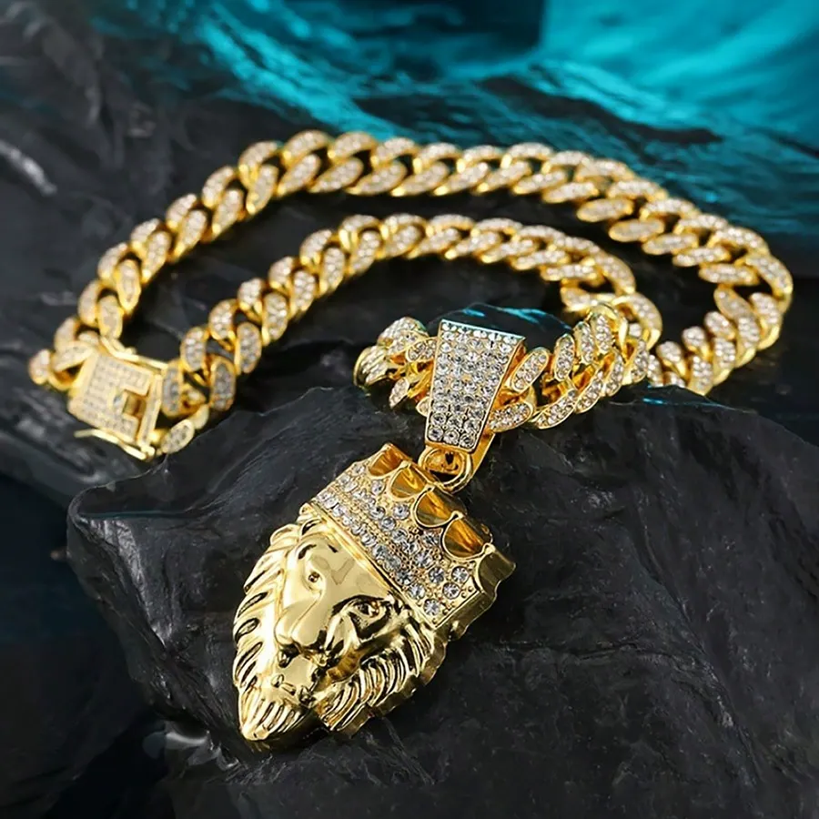 Hot selling long necklace Cuban chain crown lion head necklace hip hop trendy men's accessories（ Delivery in 3 days ）