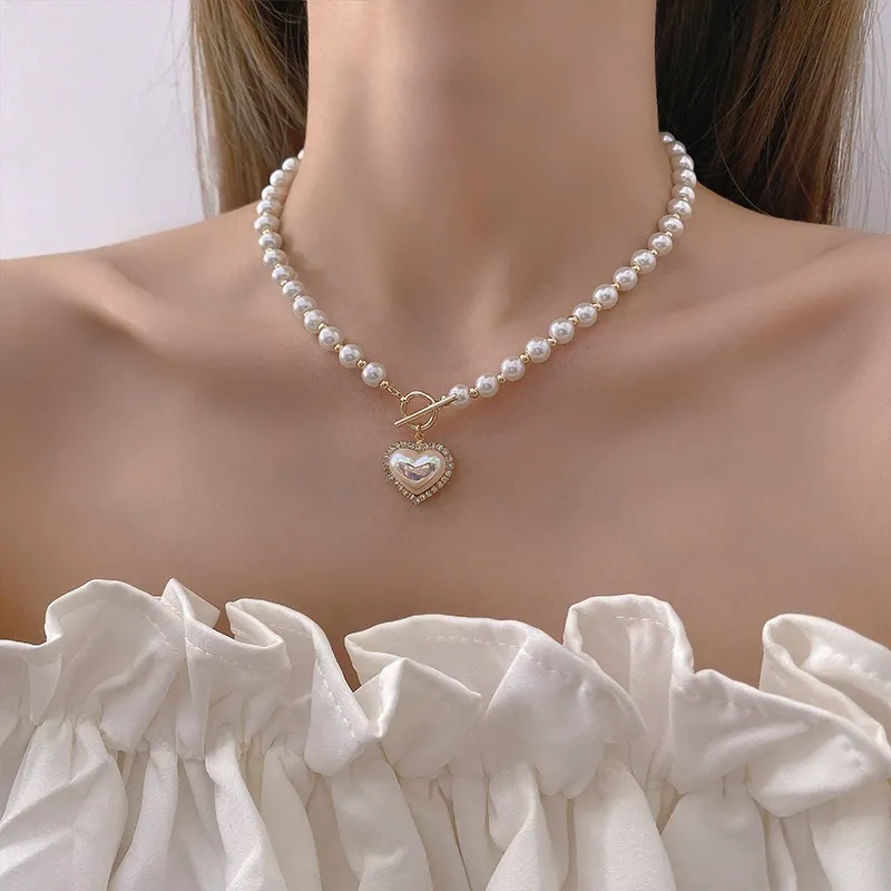 Korean style light luxury pearl heart necklace for women, new clavicle necklace jewelry