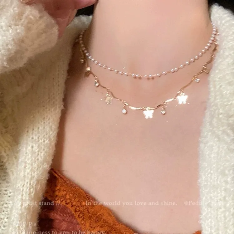 Light luxury double layer butterfly pearl necklace elegant clavicle necklace for women