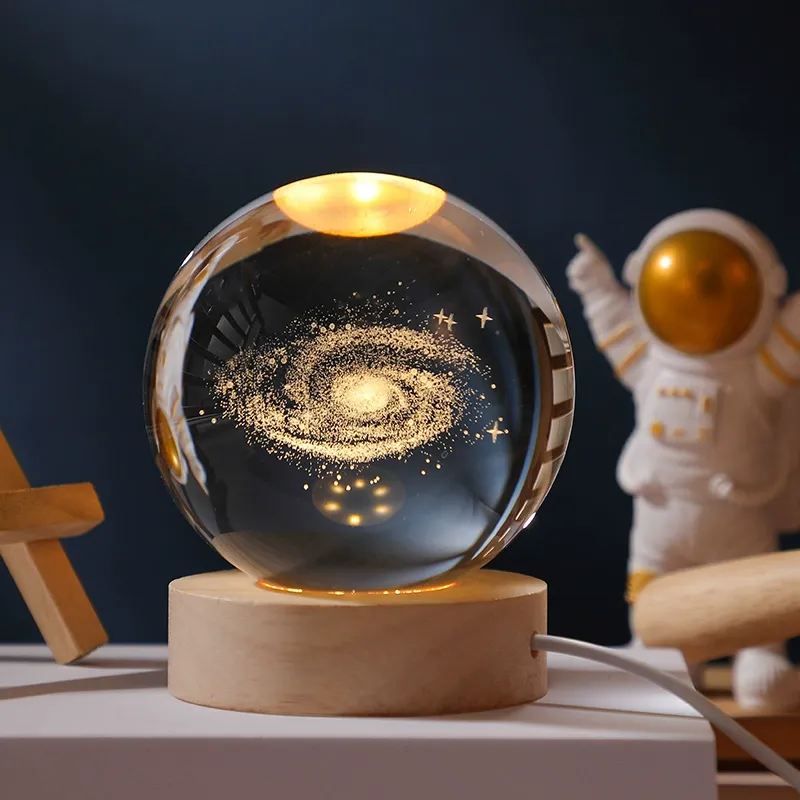 Solar System Planet Sphere Laser 3D Interior Carved Small Night Light Crystal Ball with Wood Base LED Light Night Lamp