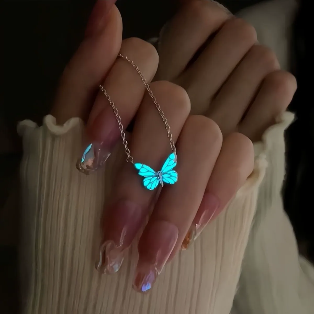 Luminous butterfly necklace, blue luminous butterfly clavicle necklace