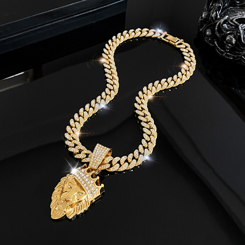 Hot selling long necklace Cuban chain crown lion head necklace hip hop trendy men's accessories（ Delivery in 3 days ）