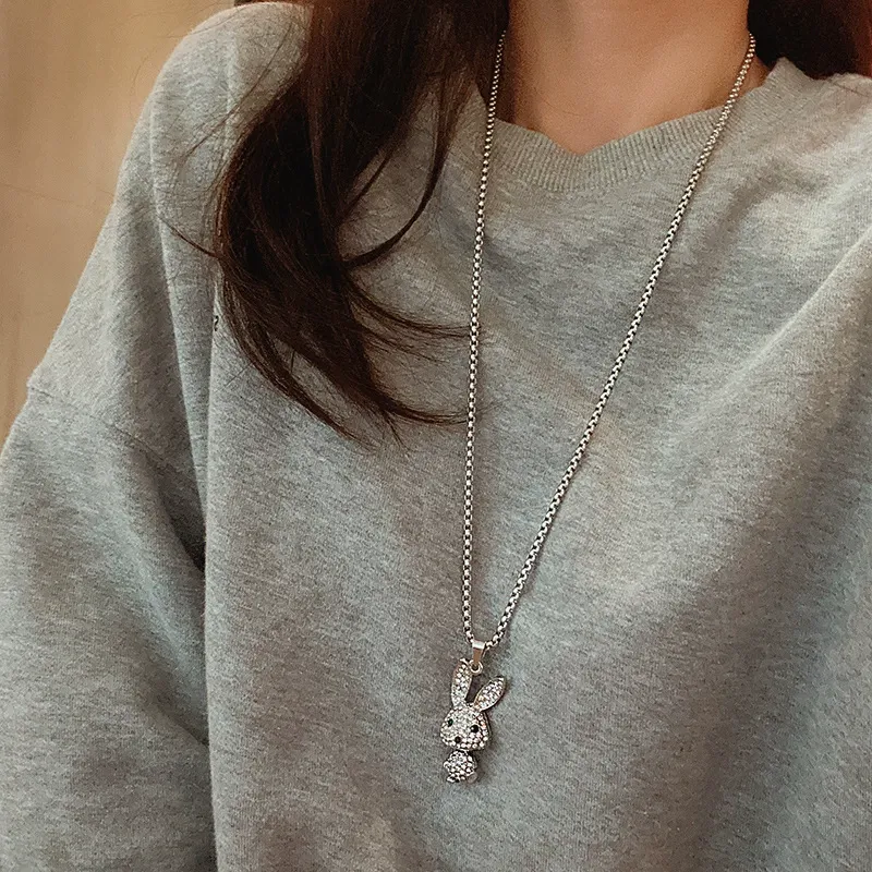 Women's long titanium steel necklace with rabbit pendant