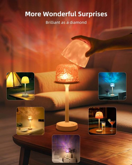 Aurora Projection Rotating Bedside Table Lamp 16 RGB LED Colors Water Ripple Effect Remote Control Cordless Battery Operated