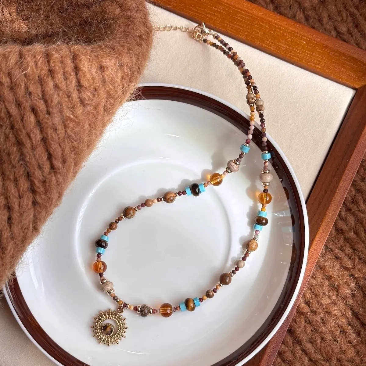 Titanium Steel Natural Stone Beaded Sunflower Necklace