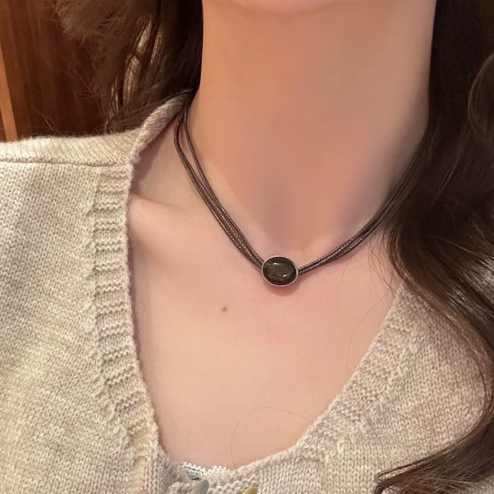 Vintage leather tiger eye necklace women's stacking choker necklace