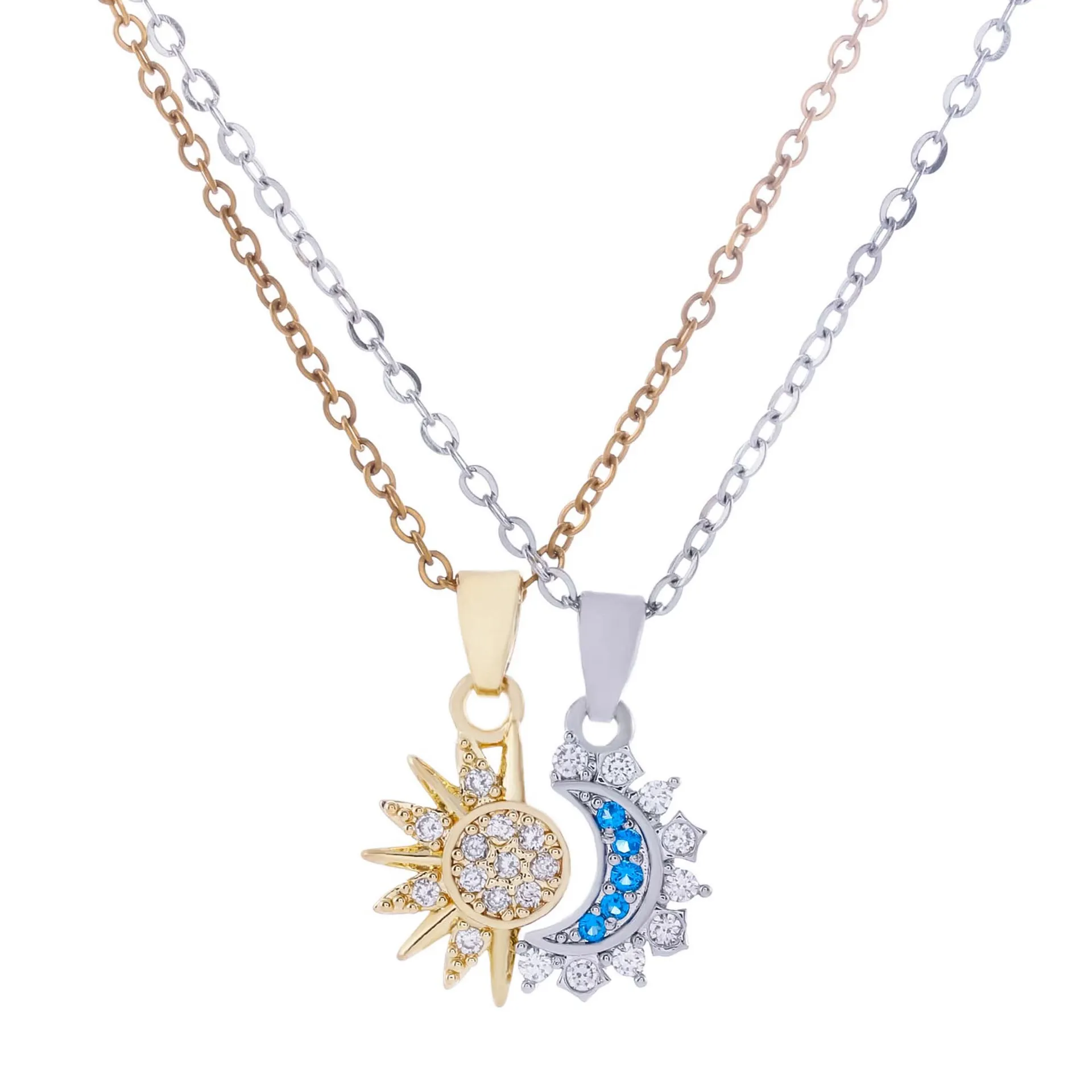 Popular Sun and Moon Necklace Set Two-Color Diamond Couple Clavicle Chain