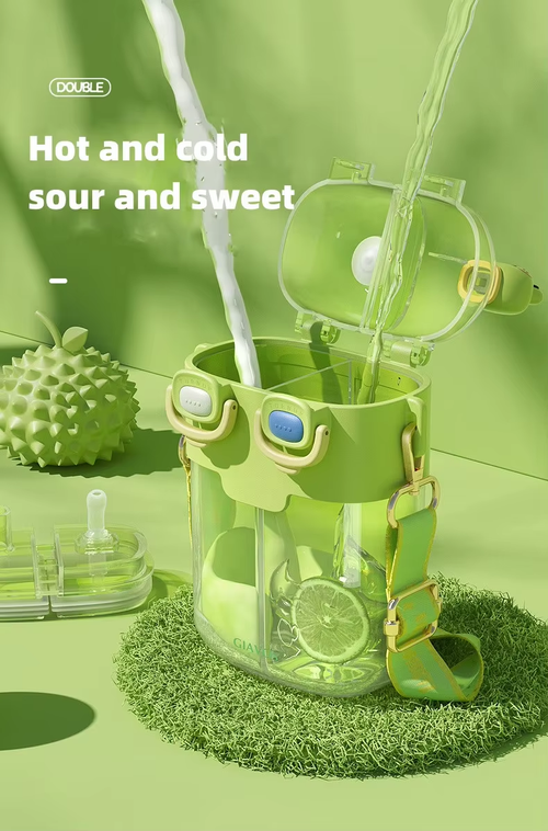 Wholesale Kids Cute Double Straw Cup Kettle Portable Kids Cartoon Plastic Straws Water Bottle