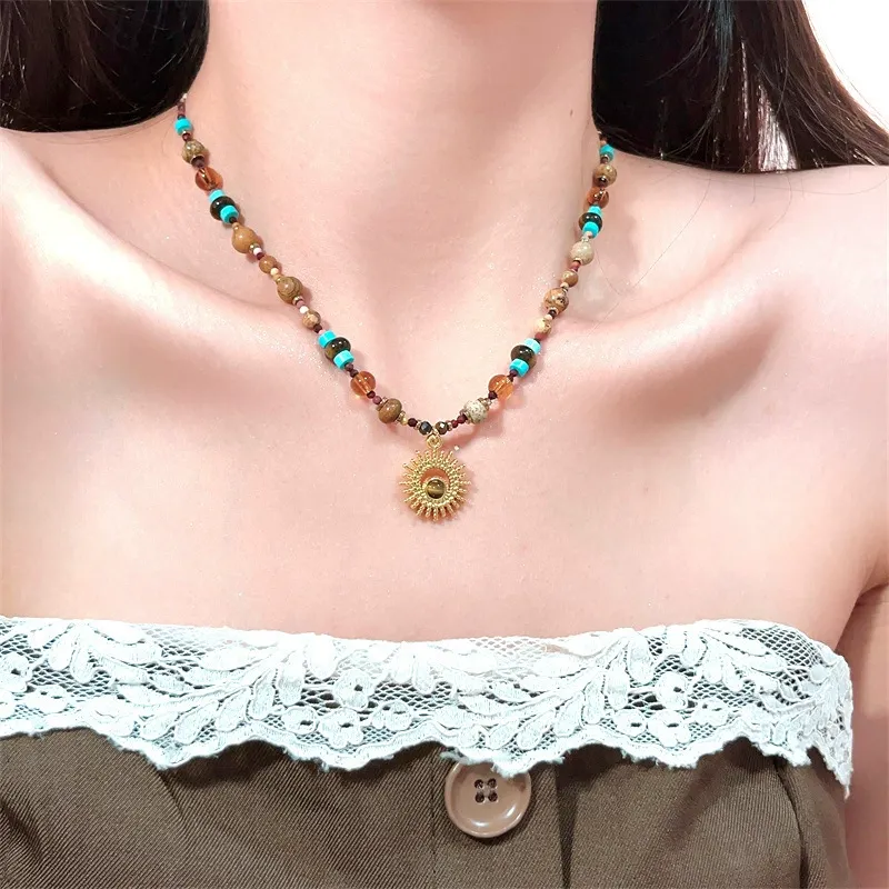 Titanium Steel Natural Stone Beaded Sunflower Necklace