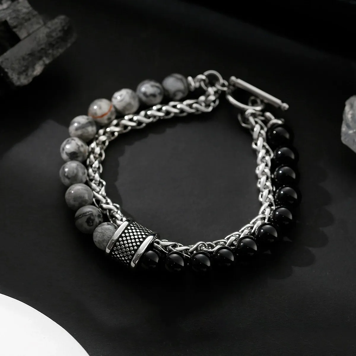 Hot selling double-layer beaded OT buckle lucky bead titanium steel bracelet