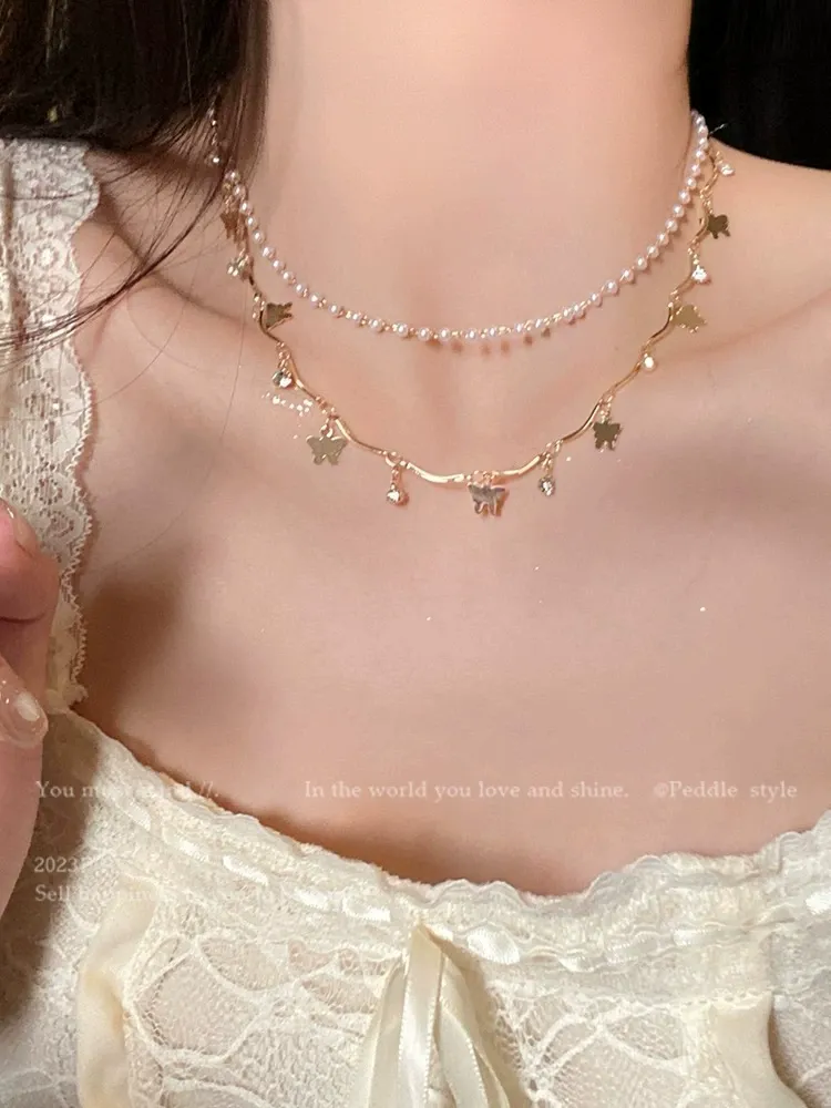 Light luxury double layer butterfly pearl necklace elegant clavicle necklace for women