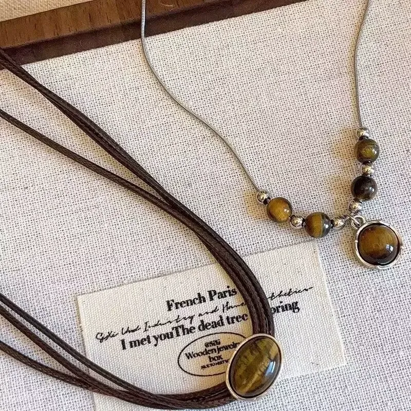 Vintage leather tiger eye necklace women's stacking choker necklace