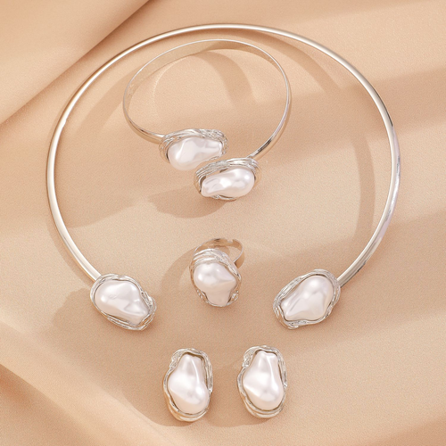 Baroque shaped pearl 5-piece jewelry set for women, necklace, earrings, ring, bracelet, collar