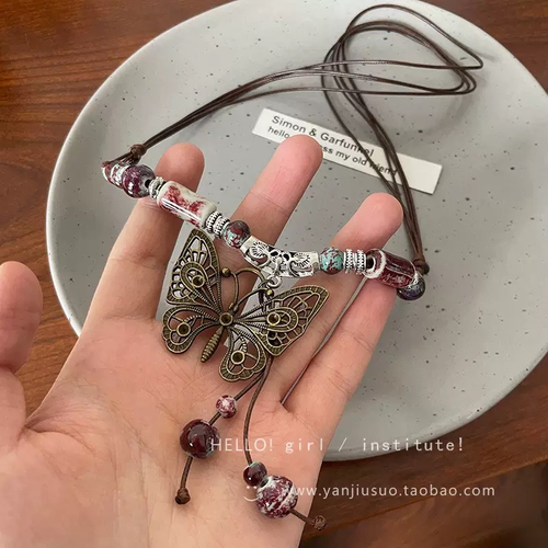 Retro Bohemian necklace, long ceramic butterfly pendant necklace