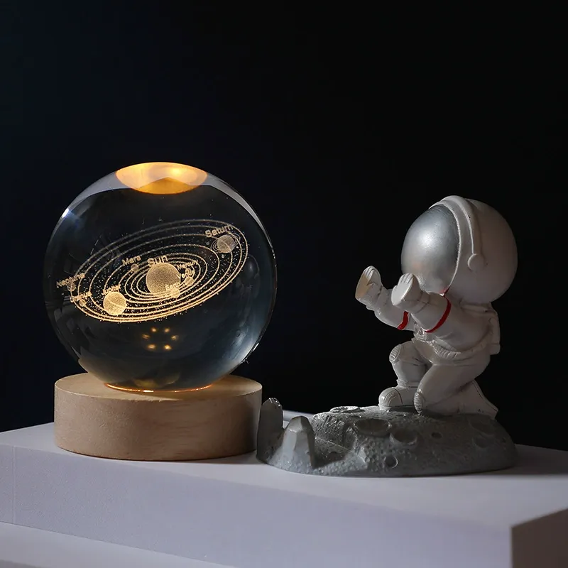 Solar System Planet Sphere Laser 3D Interior Carved Small Night Light Crystal Ball with Wood Base LED Light Night Lamp