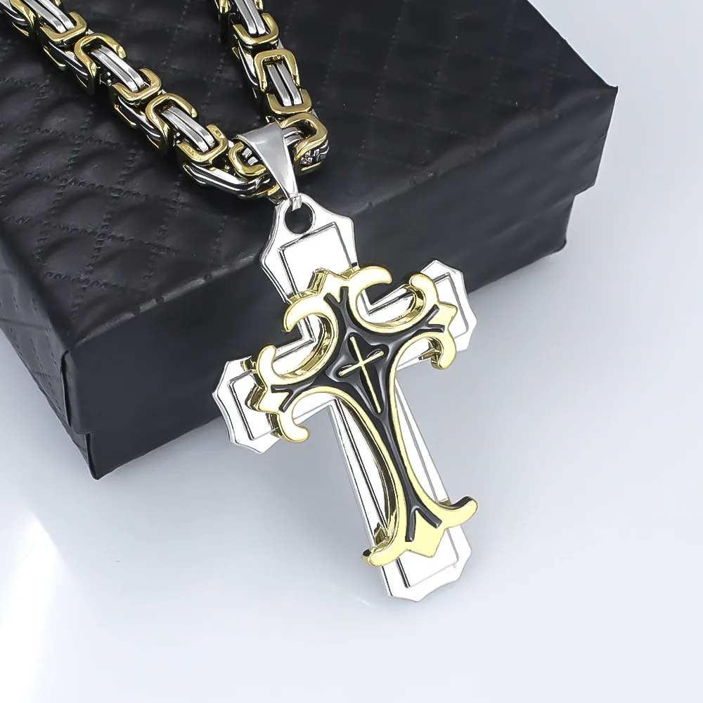 European and American double-layer corrosion oiled cross pendant necklace stainless steel titanium steel men's jewelry