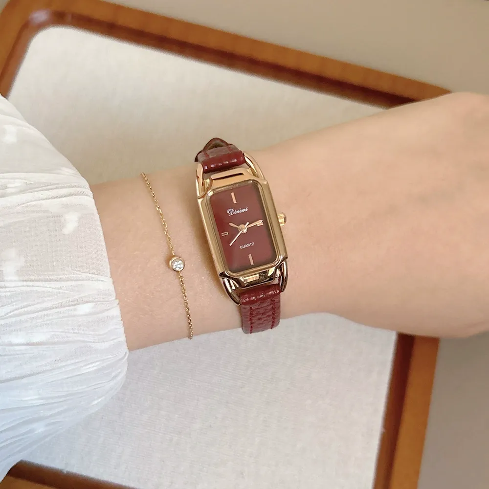 Dinimi women's leather belt watch retro fashion rectangular small dial temperament