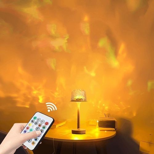 Aurora Projection Rotating Bedside Table Lamp 16 RGB LED Colors Water Ripple Effect Remote Control Cordless Battery Operated