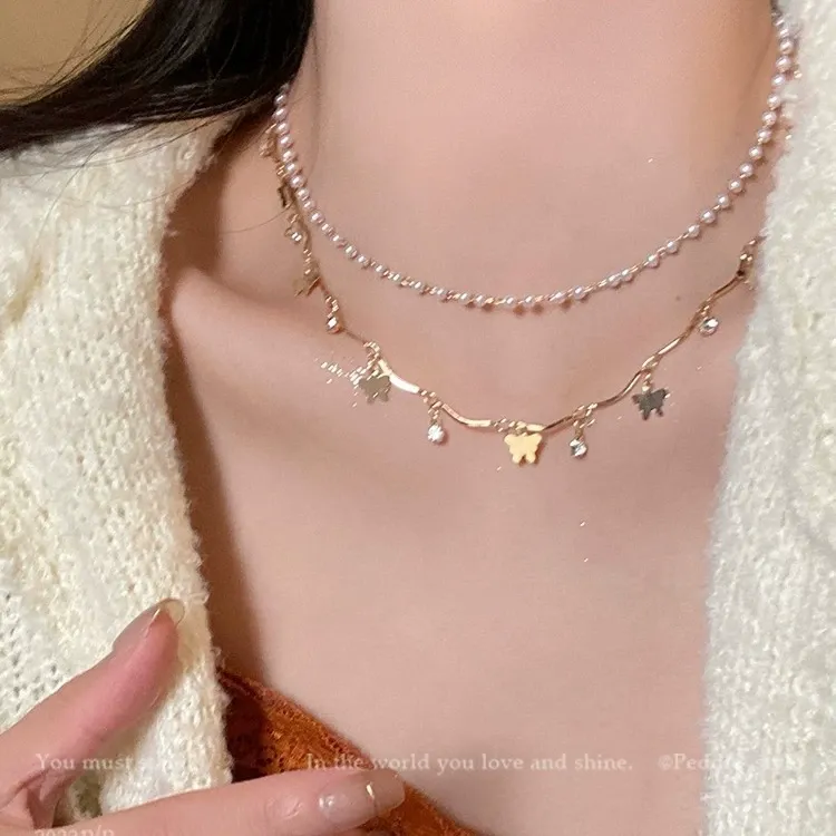 Light luxury double layer butterfly pearl necklace elegant clavicle necklace for women
